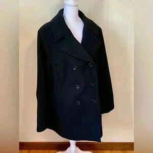Venezia 100% Wool Double Breasted Black Pea Coat in Plus Size 14-16.